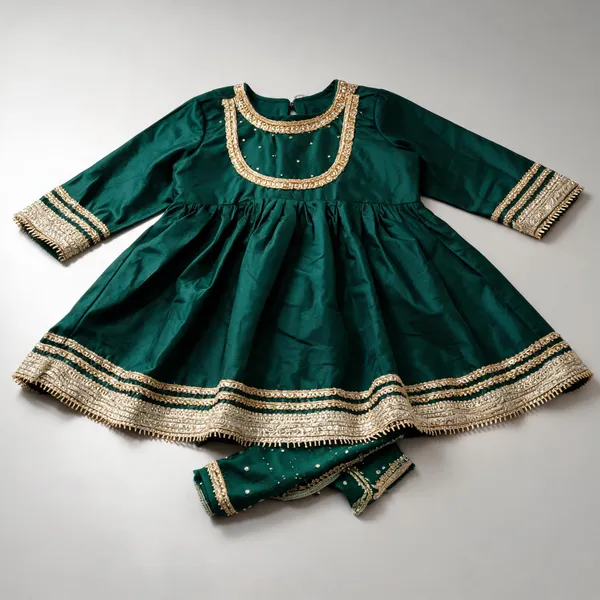 Bottle_Green_Silk_Embroidered_Frock_Suit_For_Kids
