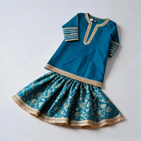 Sea_Blue_Banarasi_Silk_Kundan_Mirror_Work_Gharara_Set_For_Kids