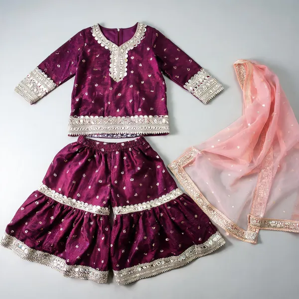 Purple_Silk_Embroidered_Mirror_Work_Gharara_Set_For_Kids