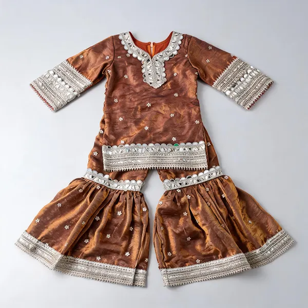 Rust_Silk_Embroidered_Mirror_Work_Gharara_Set_For_Kids
