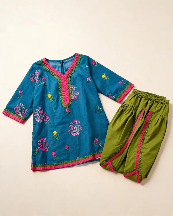 Blue_Green_Chanderi_Embroidered_Pakistani_Co-Ord_Set_For_Kids