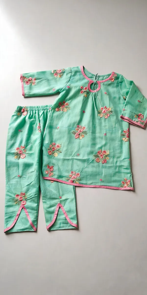 Green_Chanderi_Embroidered_Pakistani_Co-Ord_Set_For_Kids