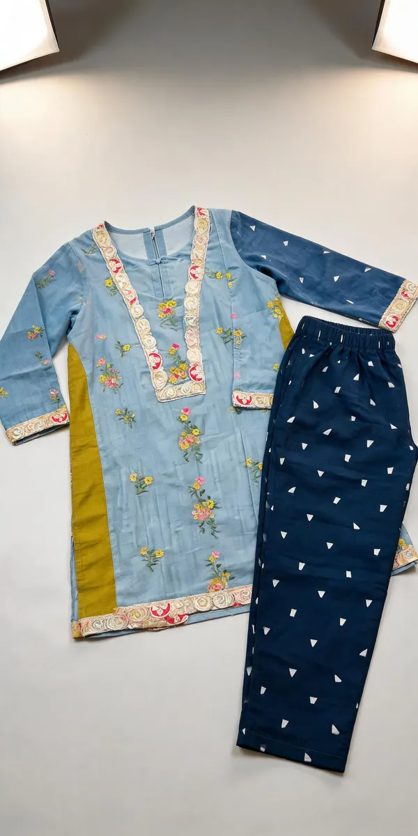Blue_Green_Chanderi_Embroidered_Pakistani_Co-Ord_Set_For_Kids