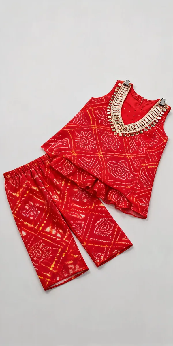 Red_Georgette_Bandhani_Print_Sharara_Set_For_Kids