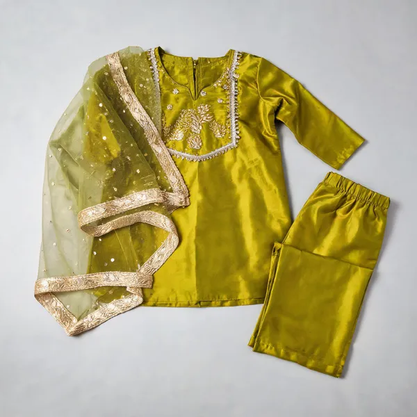 Green_Banarasi_Silk_Handwork_Straight_Kurta_Plazo_Set_For_Kids