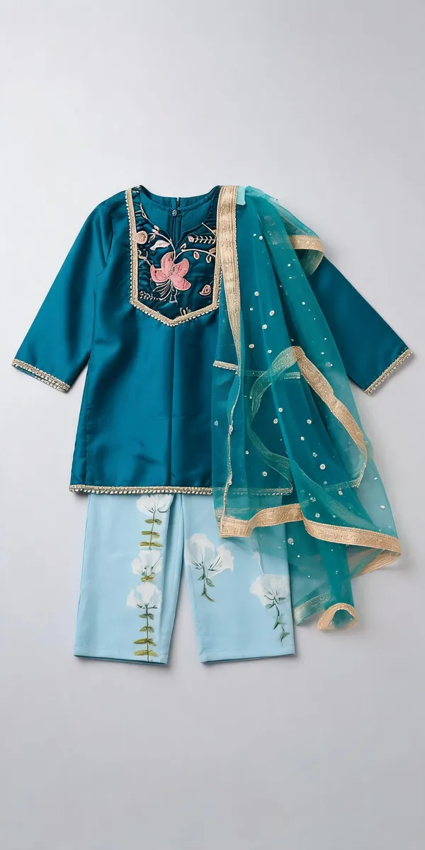 Blue_Banarasi_Silk_Handwork_Straight_Kurta_Plazo_Set_For_Kids