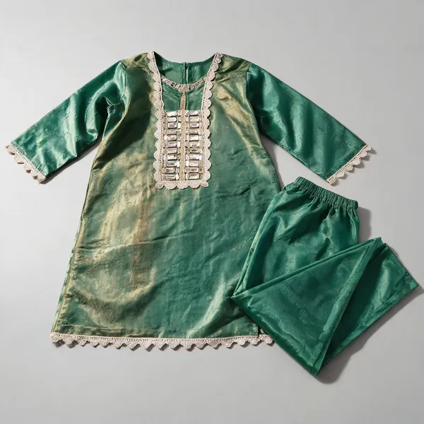 Mehandi_Green_Satin_Silk_Mirror_Work_Kurta_Set_For_Kids