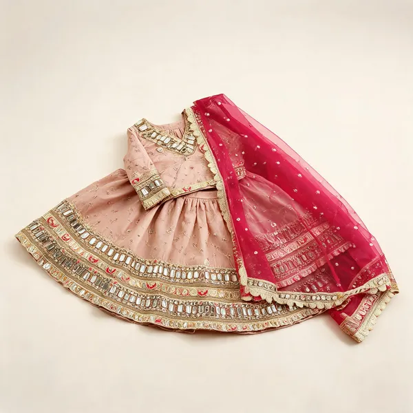 Peach_Silk_Mirror_Handwork_Lehenga_Set_For_Kids