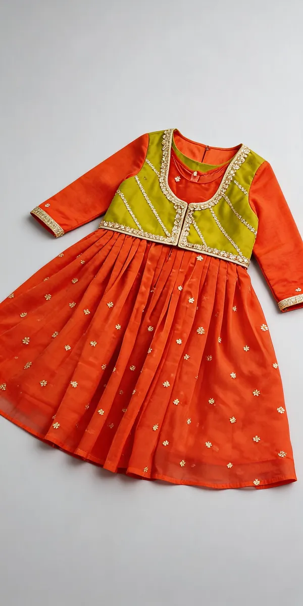 Orange_Silk_Embroidered_Detachable_Jacket_Dress_For_Kids