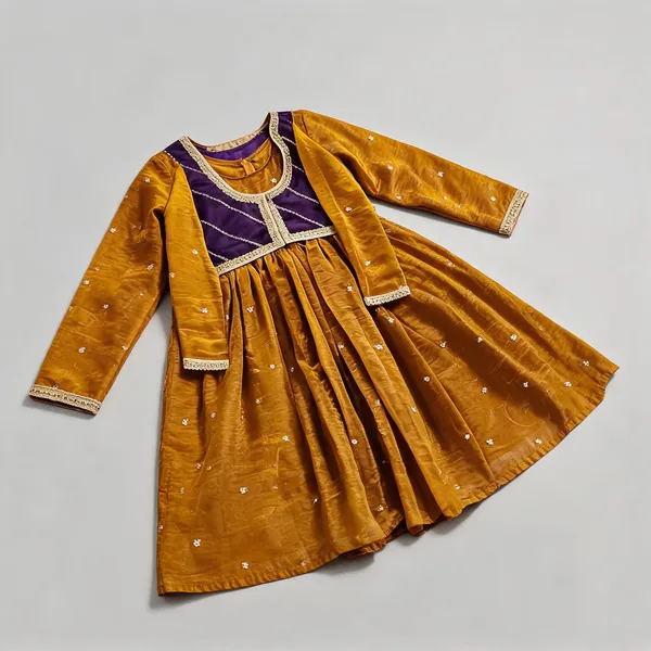 Rust_Silk_Embroidered_Detachable_Jacket_Dress_For_Kids