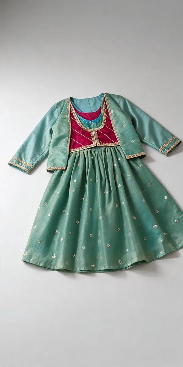 Sea_Green_Silk_Embroidered_Detachable_Jacket_Dress_For_Kids