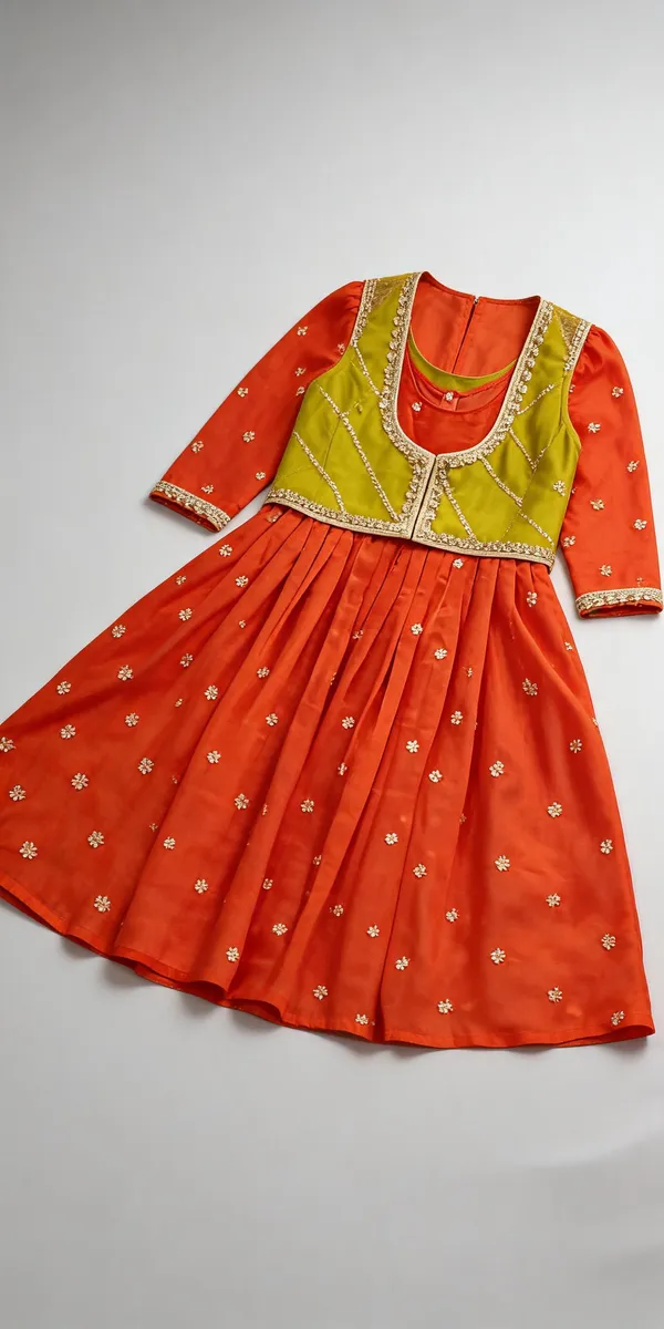 Orange_Silk_Embroidered_Detachable_Jacket_Dress_For_Kids