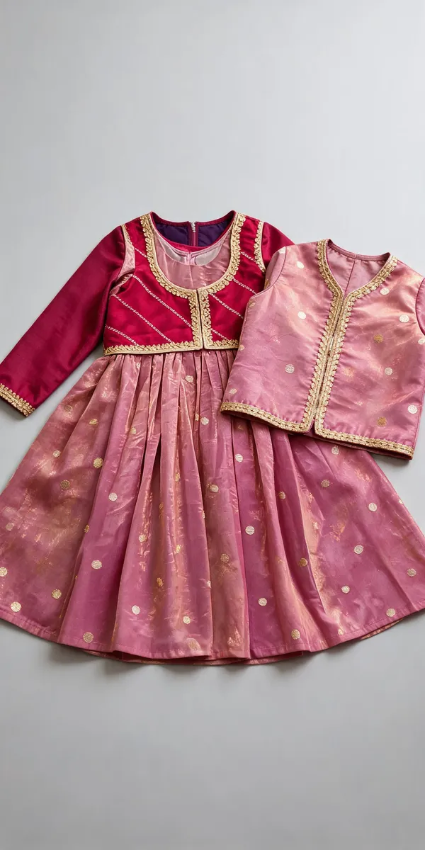 Peach_Silk_Embroidered_Detachable_Jacket_Dress_For_Kids