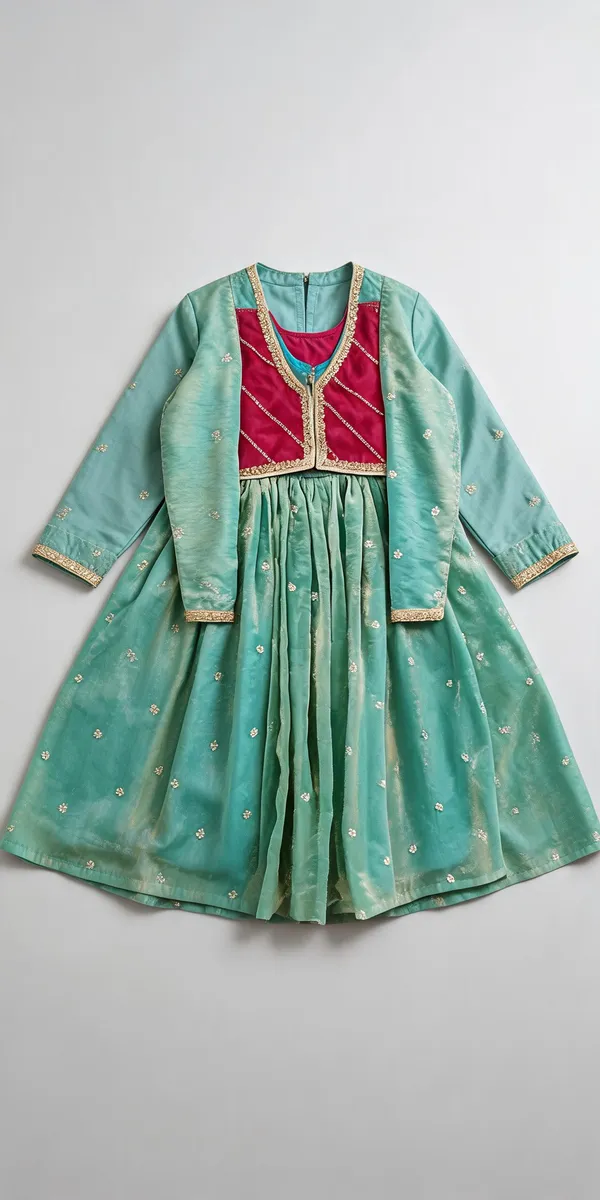Sea_Green_Silk_Embroidered_Detachable_Jacket_Dress_For_Kids