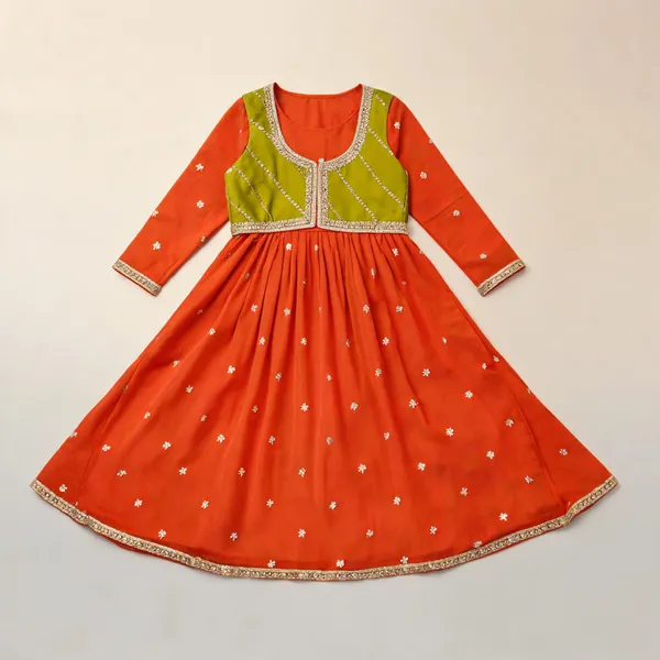 Orange_Silk_Embroidered_Detachable_Jacket_Dress_For_Kids