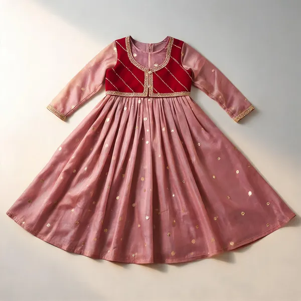 Pink_Silk_Embroidered_Detachable_Jacket_Dress_For_Kids