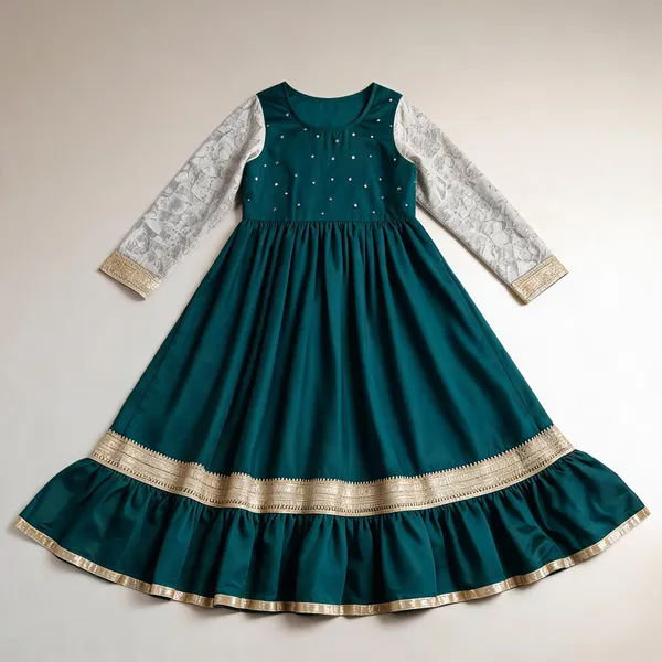 Peacock_Green_Satin_Silk_Frill_One-Piece_Dress_For_Kids