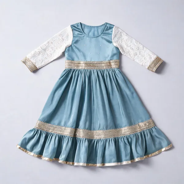 Sea_Blue_Satin_Silk_Frill_One-Piece_Dress_For_Kids