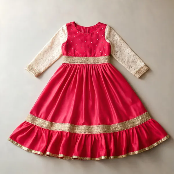 Hot_Pink_Satin_Silk_Frill_One-Piece_Dress_For_Kids