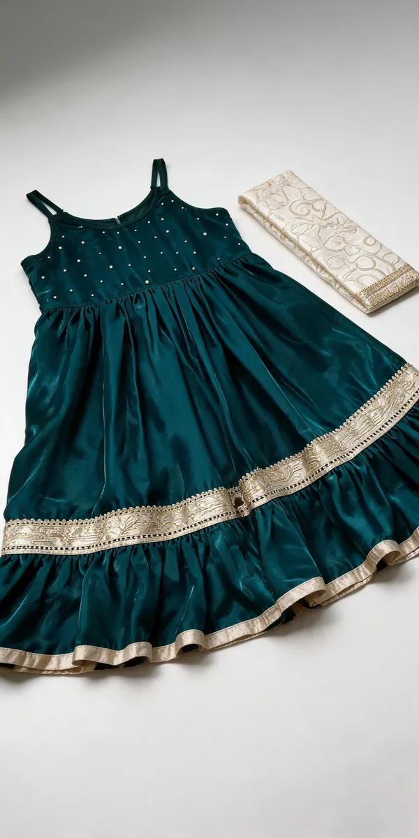 Green_Satin_Silk_Frill_One-Piece_Dress_For_Kids