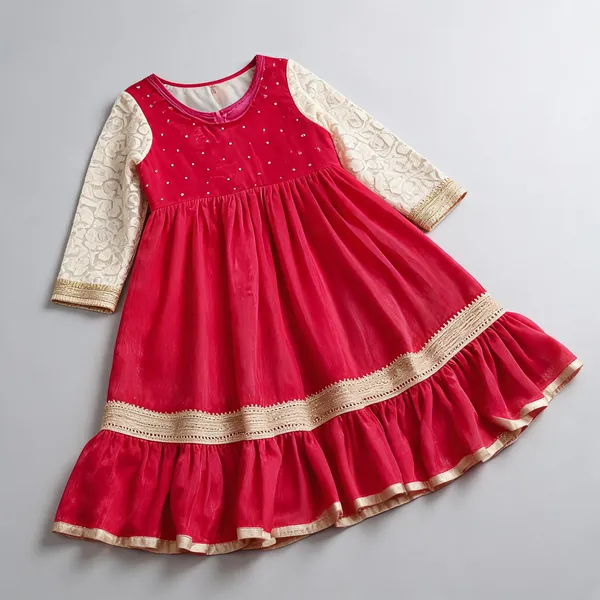 Red_Satin_Silk_Frill_One-Piece_Dress_For_Kids