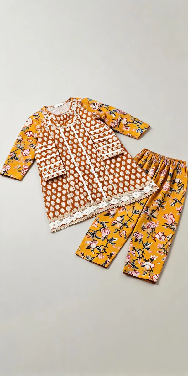 Yellow_Pure_Cotton_Block_Print_Pakistani_Suit_Set_For_Kids