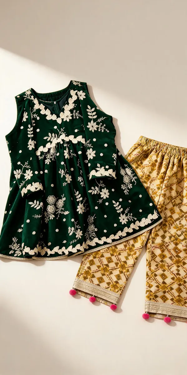 Bottle_Green_Vichitra_Silk_Embroidered_Peplum_Garara_Set_For_Kids