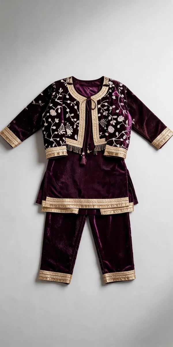 Brown_Velvet_Embroidered_Jacket_Suit_Set_For_Kids