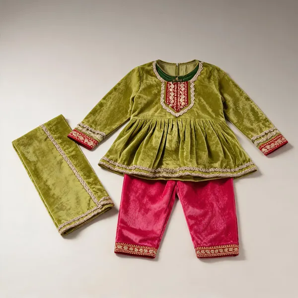 Olive_Silk_Kurta_Dress_For_Kids