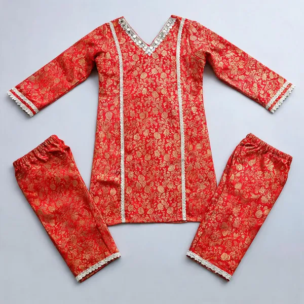 Red_Banarasi_Embellished_Co-Ord_Set_For_Kids