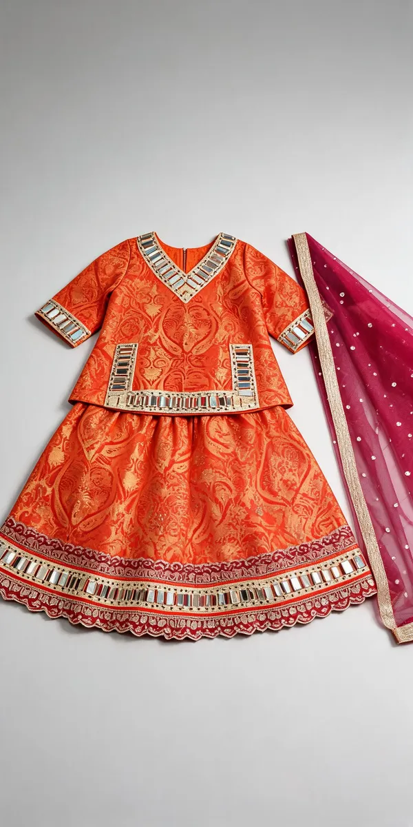 Orange_Jamawar_Mirror_Cutwork_Lehenga_Set_For_Kids