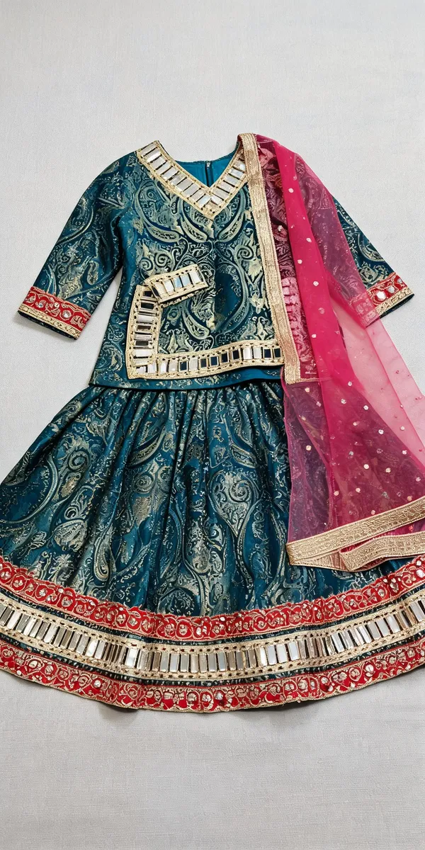 Peacock_Blue_Jamawar_Mirror_Cutwork_Lehenga_Set_For_Kids