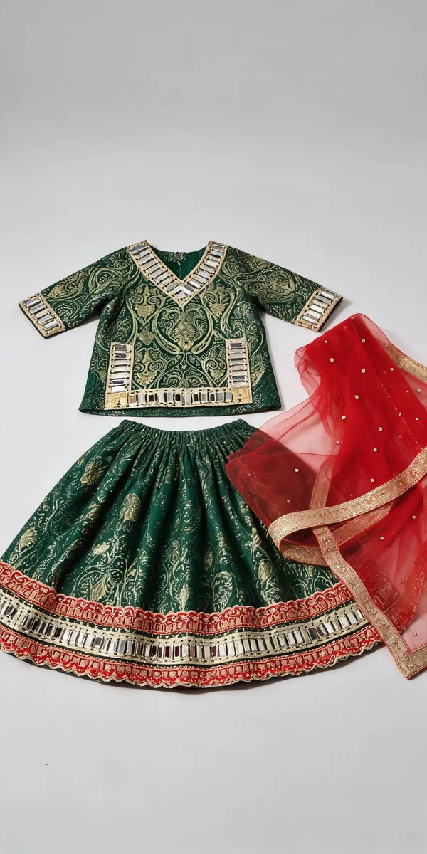 Green_Jamawar_Mirror_Cutwork_Lehenga_Set_For_Kids