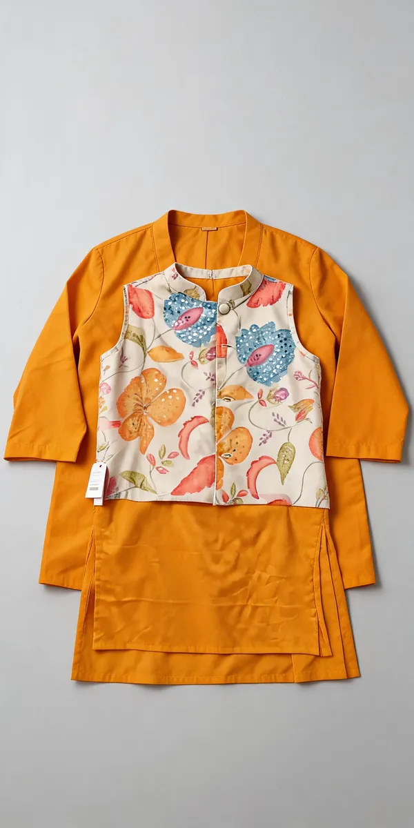 Rust_Yellow_Silk_Kurta_With_Handwork_Jacket_Set_For_Kids