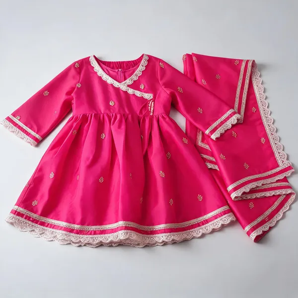 Hot_Pink_Silk_Handwork_Matching_Outfit_For_Kids