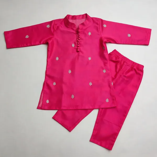 Hot_Pink_Silk_Handwork_Matching_Outfit_For_Kids