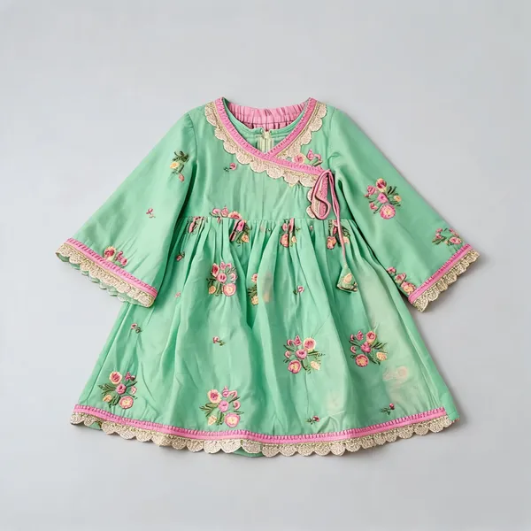 Green_Pink_Mal_Cotton_Angrakha_Embroidered_Dress_For_Kids
