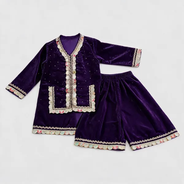 Blue_Silk_Embroidered_Kurti_Sharara_Set_For_Kids