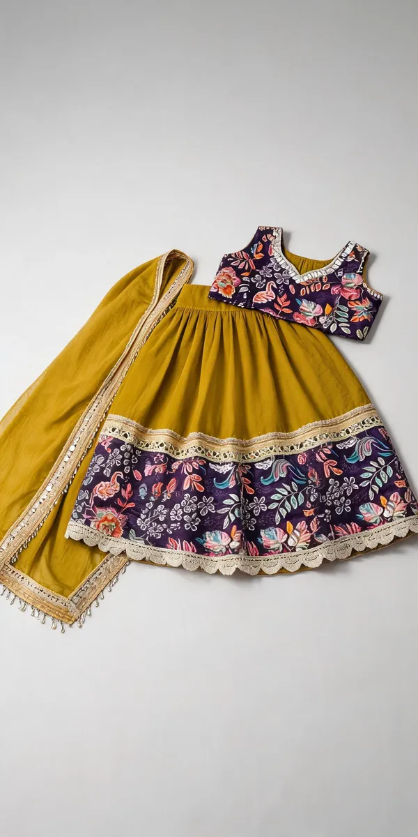 Olive_Crepe_Mirror_Cutwork_Lehenga_Set_For_Kids