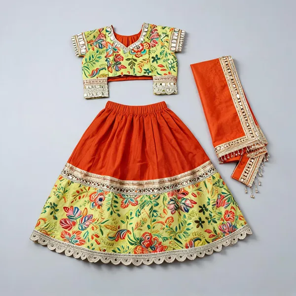 Orange_Crepe_Mirror_Cutwork_Lehenga_Set_For_Kids