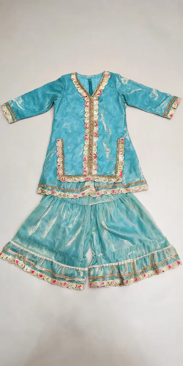 Sea_Green_Silk_Embroidered_Kurti_Sharara_Set_For_Kids