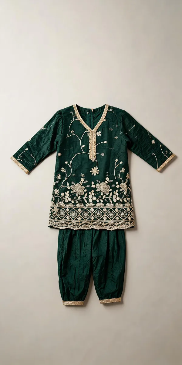Green_Silk_Crush_Handwork_Farshi_Suit_For_Kids