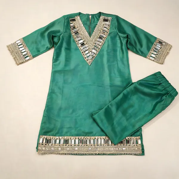 Green_Silk_Mirror_Work_Kurta_Pant_Set_For_Kids