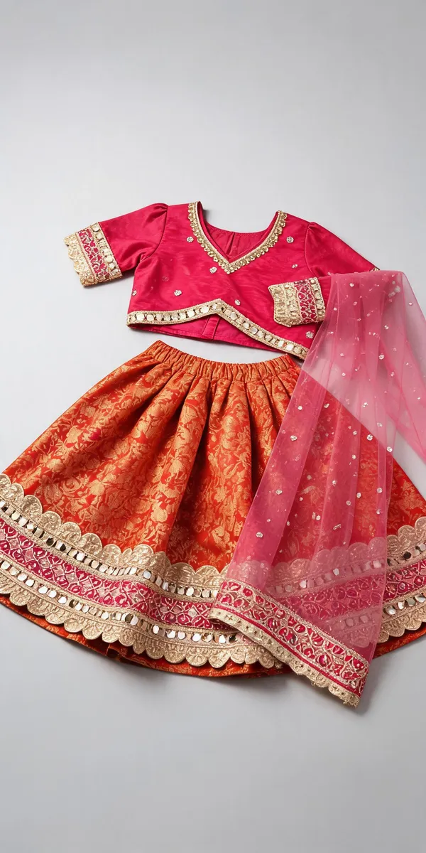 Red_Banarasi_Mirror_Work_Lehenga_Set_For_Kids