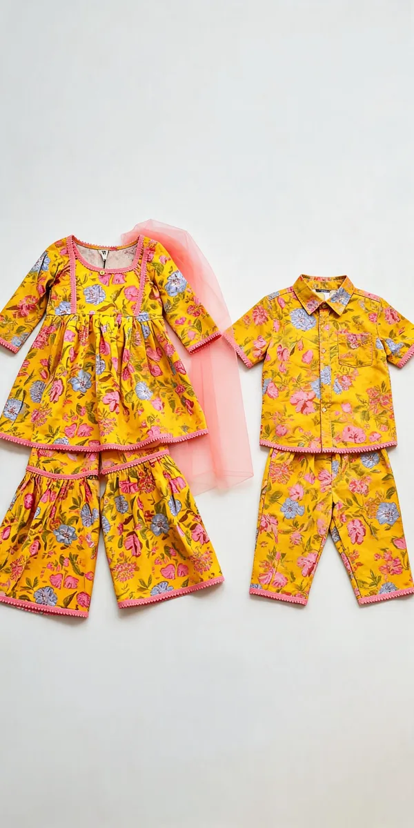 Yellow_Pure_Cotton_Brother_Sister_Matching_Outfit_For_Kids