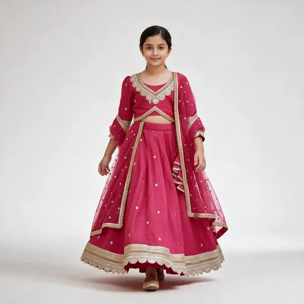 Red_Chanderi_Embroidered_Lehenga_Set_For_Kids