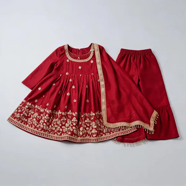 Maroon_Silk_Handwork_Frock_Sharara_Set_For_Kids