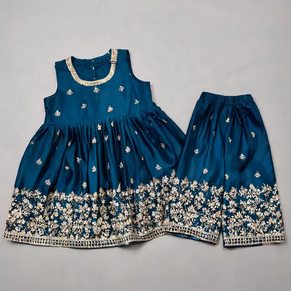 Blue_Silk_Handwork_Frock_Sharara_Set_For_Kids