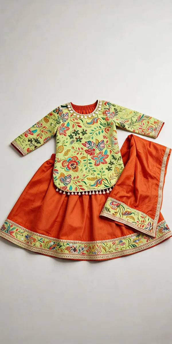 Green_Rust_Silk_Lehenga_Set_For_Kids