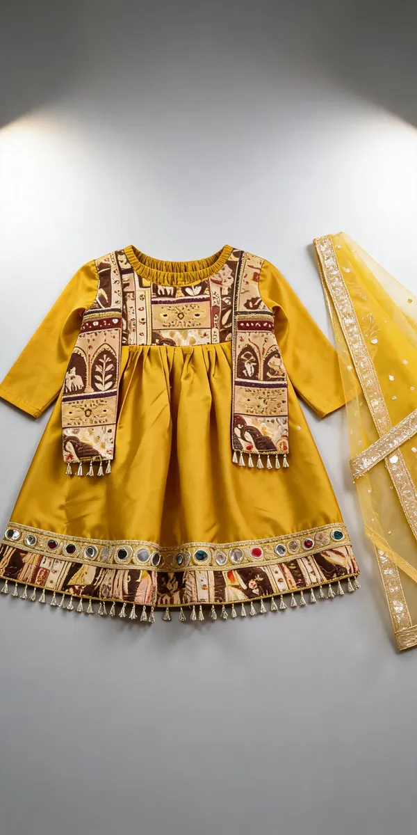 Yellow_Silk_Mirror_Work_Handwork_Frock_Suit_For_Kids